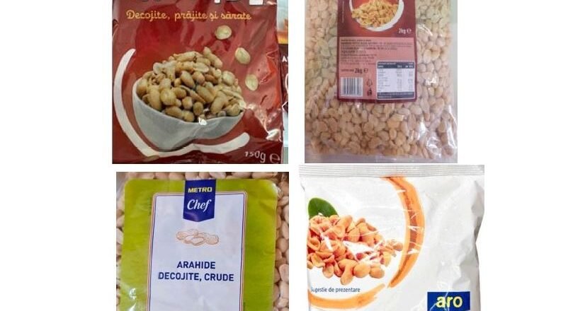 Four bags of peanuts (arachide) from different brands shown in a grid; variety of packaged roasted/decorticated peanuts still in plastic bags with labels visible.