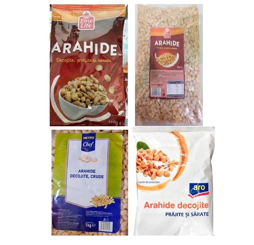 Four bags of peanuts (arachide) from different brands shown in a grid; variety of packaged roasted/decorticated peanuts still in plastic bags with labels visible.