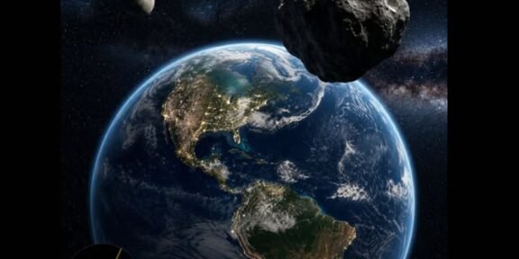 Earth seen from space with a large asteroid approaching from the top-right; continents visible and city lights at night in a starry background.