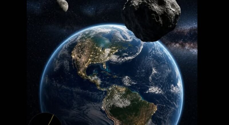 Earth seen from space with a large asteroid approaching from the top-right; continents visible and city lights at night in a starry background.