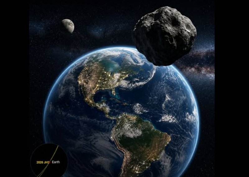 Earth seen from space with a large asteroid approaching from the top-right; continents visible and city lights at night in a starry background.