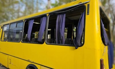 Yellow school bus with open windows and purple curtains, parked outdoors