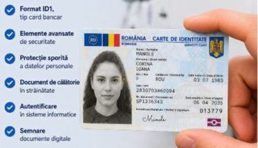 Romanian identity card being held up by a hand, with a portrait photo and personal data visible against a blue checklist on the left side of the image.