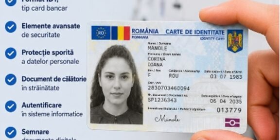 Romanian identity card being held up by a hand, with a portrait photo and personal data visible against a blue checklist on the left side of the image.