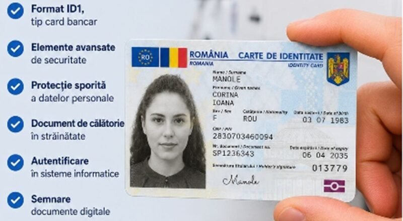 Romanian identity card being held up by a hand, with a portrait photo and personal data visible against a blue checklist on the left side of the image.