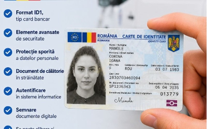 Romanian identity card being held up by a hand, with a portrait photo and personal data visible against a blue checklist on the left side of the image.