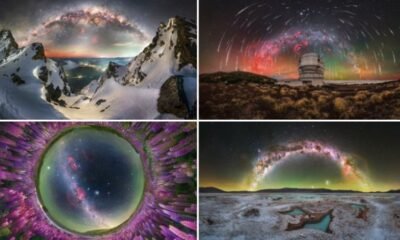 Snowy mountain peaks at twilight with an arc of stars and aurora overhead against a dark sky.