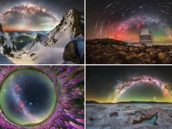 Snowy mountain peaks at twilight with an arc of stars and aurora overhead against a dark sky.
