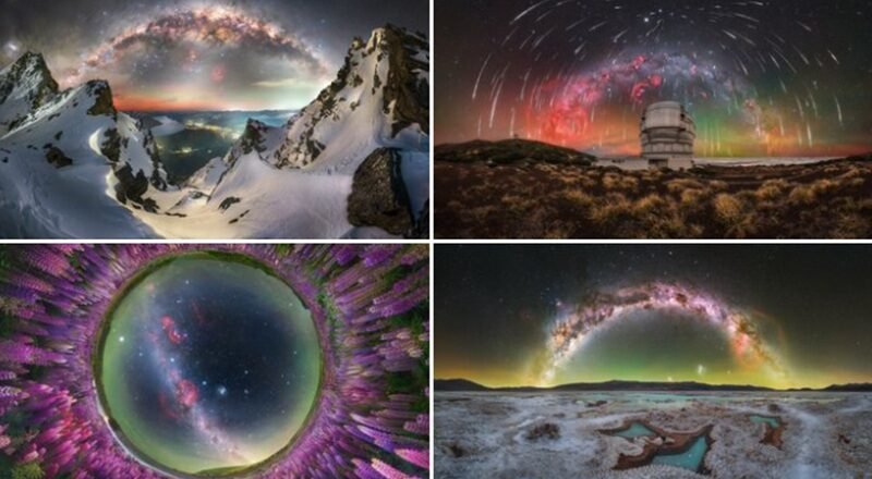 Snowy mountain peaks at twilight with an arc of stars and aurora overhead against a dark sky.