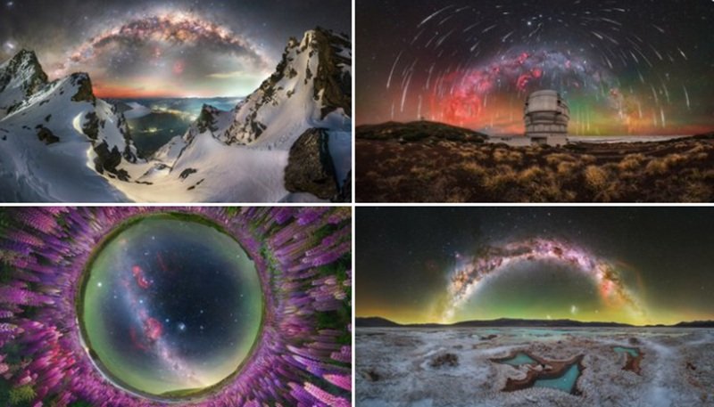 Snowy mountain peaks at twilight with an arc of stars and aurora overhead against a dark sky.