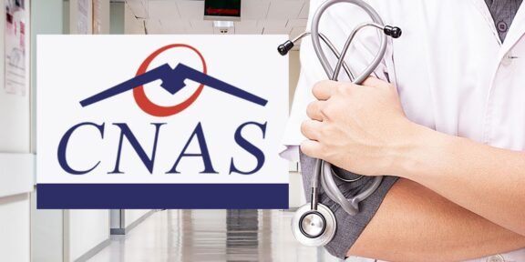 Doctor in a white coat holding a stethoscope beside a CNAS logo in a hospital hallway
