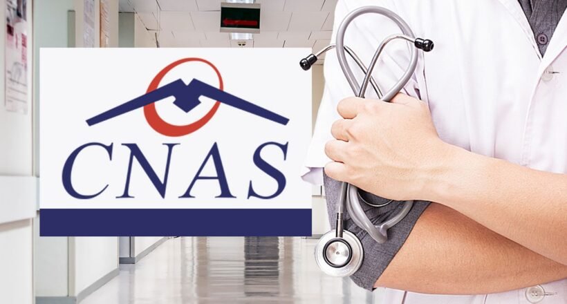 Doctor in a white coat holding a stethoscope beside a CNAS logo in a hospital hallway