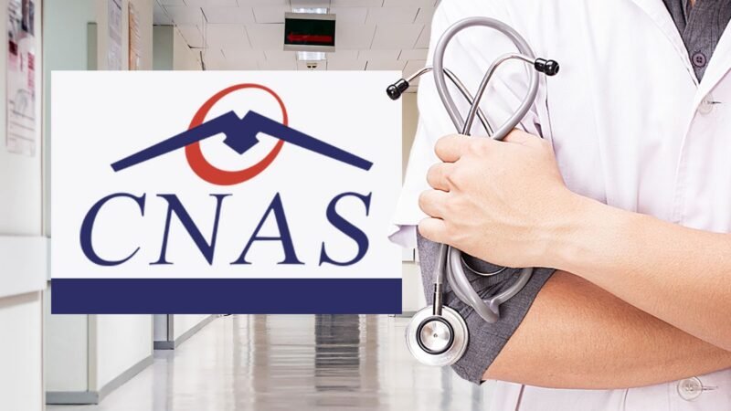 Doctor in a white coat holding a stethoscope beside a CNAS logo in a hospital hallway