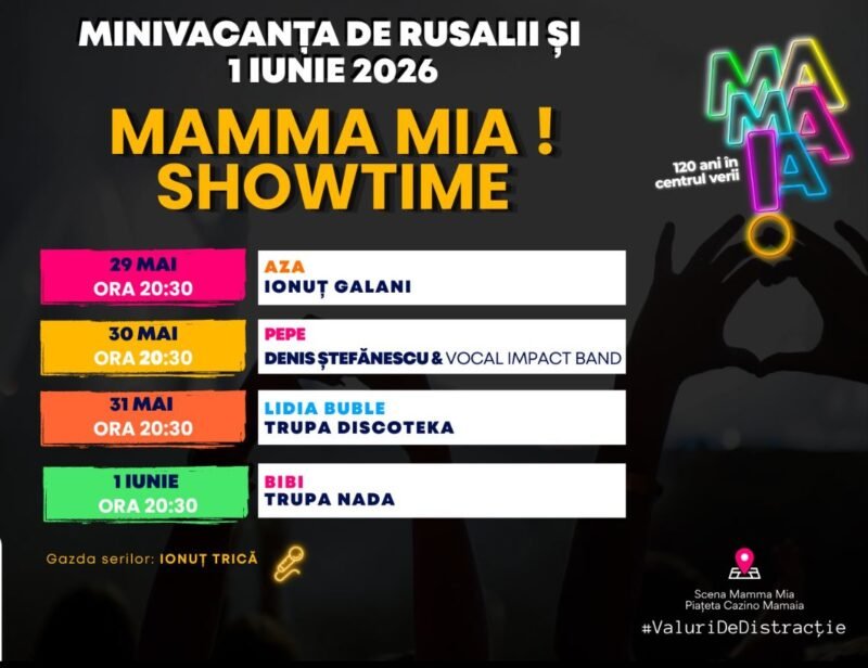 Poster for Mamma Mia! ShowTime — 29 May to 1 June 2026, shows at 20:30; May 29: Ionuț Galani; May 30: Denis Ștefănescu & Vocal Impact Band; May 31: Lidia Buble & Trupa Discoteka; June 1: Bibi & Trupa Nada.