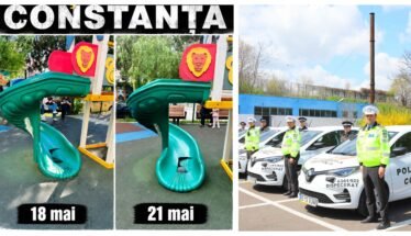 Collage: left two frames of a bright turquoise playground slide labeled '18 mai' and '21 mai'; right panel shows police officers with white patrol cars in a lot.