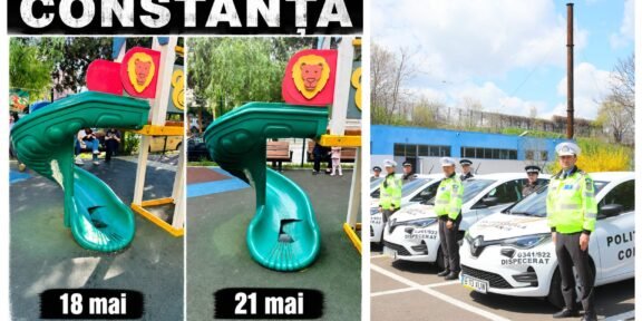 Collage: left two frames of a bright turquoise playground slide labeled '18 mai' and '21 mai'; right panel shows police officers with white patrol cars in a lot.