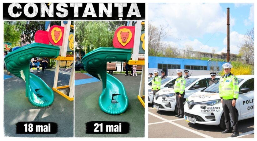 Collage: left two frames of a bright turquoise playground slide labeled '18 mai' and '21 mai'; right panel shows police officers with white patrol cars in a lot.