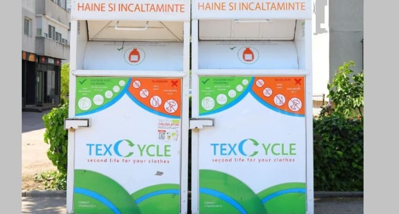 Two large white textile recycling bins labeled TEX CYCLE for clothing and shoes, with green and blue graphic panels.