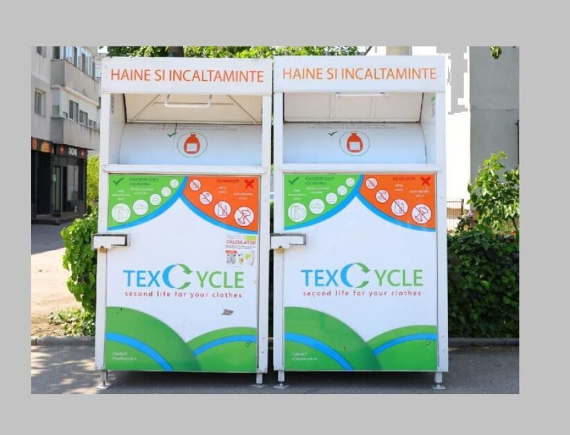 Two large white textile recycling bins labeled TEX CYCLE for clothing and shoes, with green and blue graphic panels.