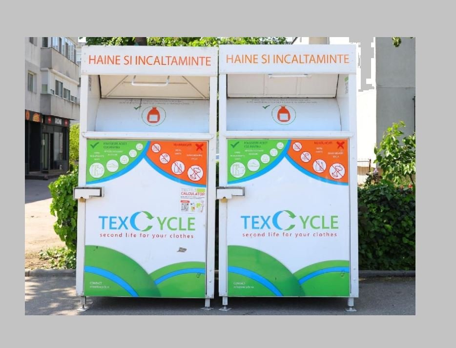 Two large white textile recycling bins labeled TEX CYCLE for clothing and shoes, with green and blue graphic panels.