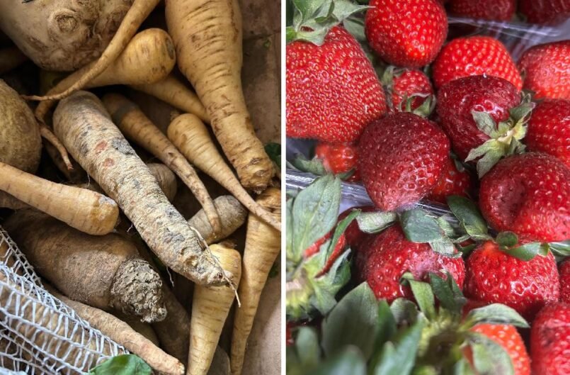 Left side shows dirt-covered parsnips and root vegetables piled together; right side shows ripe red strawberries with green leaves.