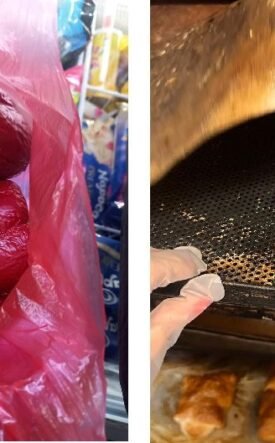 Red bell peppers in a pink plastic bag in a store, paired with gloved hands removing a perforated baking sheet from an oven in a kitchen.