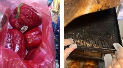 Red bell peppers in a pink plastic bag in a store, paired with gloved hands removing a perforated baking sheet from an oven in a kitchen.