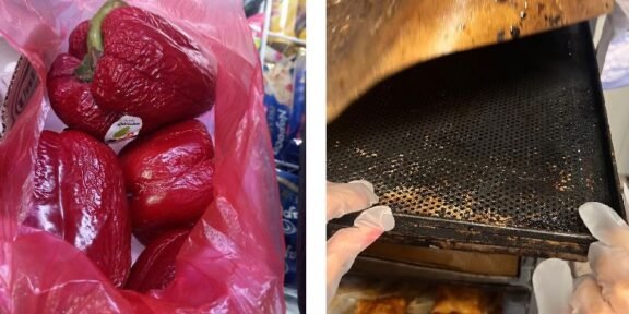 Red bell peppers in a pink plastic bag in a store, paired with gloved hands removing a perforated baking sheet from an oven in a kitchen.