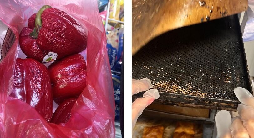Red bell peppers in a pink plastic bag in a store, paired with gloved hands removing a perforated baking sheet from an oven in a kitchen.
