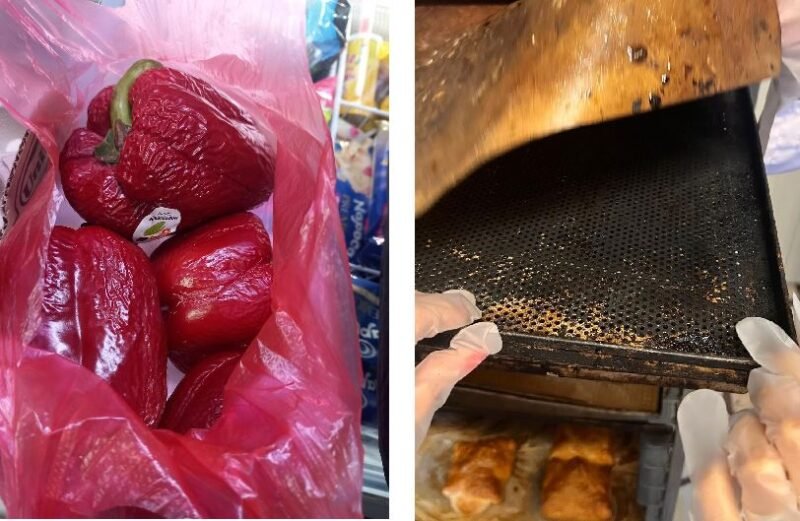 Red bell peppers in a pink plastic bag in a store, paired with gloved hands removing a perforated baking sheet from an oven in a kitchen.