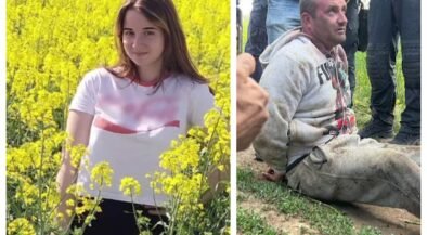 Young woman standing in a bright yellow canola field, smiling at camera (collage left). On the right, a man sits on the ground with a muddy hoodie, surrounded by people.