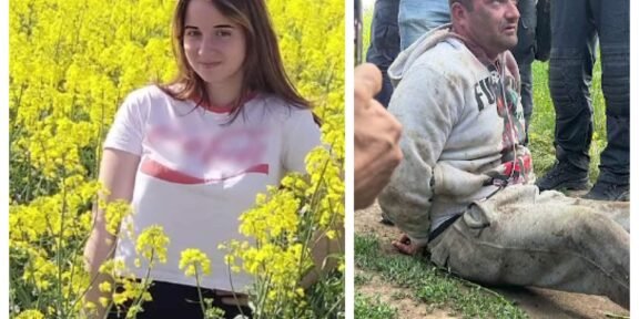 Young woman standing in a bright yellow canola field, smiling at camera (collage left). On the right, a man sits on the ground with a muddy hoodie, surrounded by people.