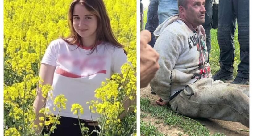 Young woman standing in a bright yellow canola field, smiling at camera (collage left). On the right, a man sits on the ground with a muddy hoodie, surrounded by people.