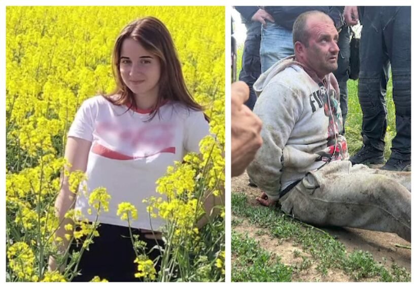 Young woman standing in a bright yellow canola field, smiling at camera (collage left). On the right, a man sits on the ground with a muddy hoodie, surrounded by people.