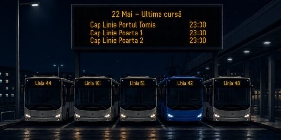 Night-time bus terminal with five buses parked in a row under a digital board reading '22 Mai - Ultima cursă' and listing Linia 44, Linia 101, Linia 51, Linia 42 and Linia 48.