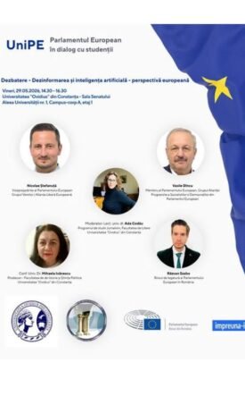 Poster for UniPE European Parliament student dialogue event, showing circular headshots of panelists, EU flag on the right, and logos at the bottom; Romanian text mentions a debate on dezbatere-informare și inteligența artificială.