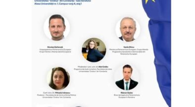 Poster for UniPE European Parliament student dialogue event, showing circular headshots of panelists, EU flag on the right, and logos at the bottom; Romanian text mentions a debate on dezbatere-informare și inteligența artificială.