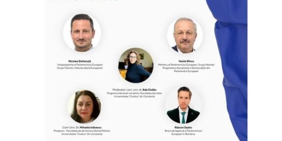 Poster for UniPE European Parliament student dialogue event, showing circular headshots of panelists, EU flag on the right, and logos at the bottom; Romanian text mentions a debate on dezbatere-informare și inteligența artificială.