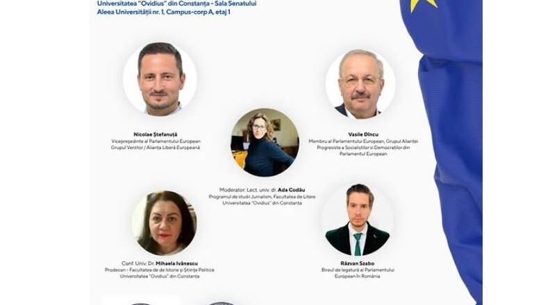 Poster for UniPE European Parliament student dialogue event, showing circular headshots of panelists, EU flag on the right, and logos at the bottom; Romanian text mentions a debate on dezbatere-informare și inteligența artificială.