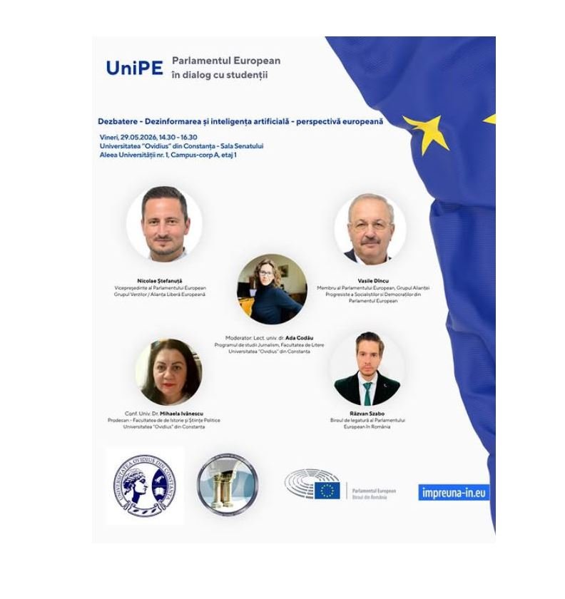 Poster for UniPE European Parliament student dialogue event, showing circular headshots of panelists, EU flag on the right, and logos at the bottom; Romanian text mentions a debate on dezbatere-informare și inteligența artificială.