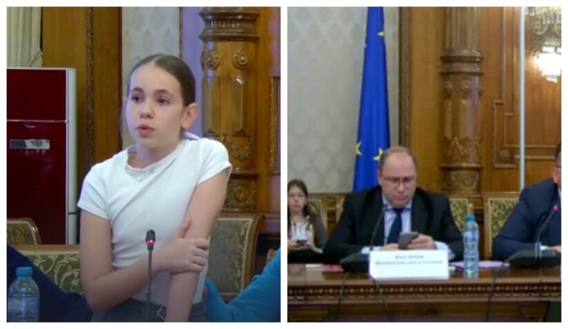 Woman speaking into a microphone at a formal meeting, ornate wood paneling behind her (left).