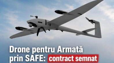 Drone in flight against a cloudy sky with Romanian text overlaid: 'Drone pentru Armată prin SAFE: contract semnat' indicating a military drone contract announcement.