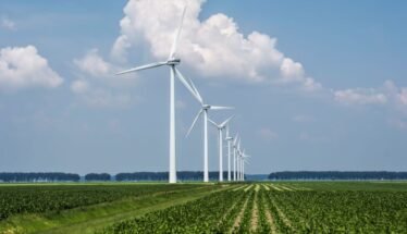Row of tall white wind turbines stretching across a flat green farm under a blue sky with fluffy clouds