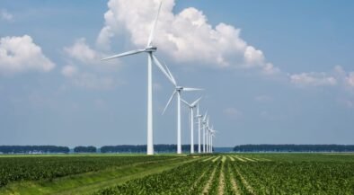 Row of tall white wind turbines stretching across a flat green farm under a blue sky with fluffy clouds