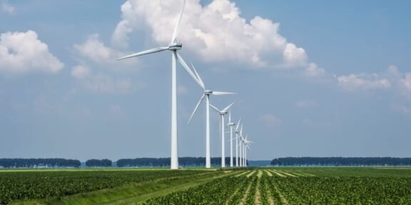 Row of tall white wind turbines stretching across a flat green farm under a blue sky with fluffy clouds