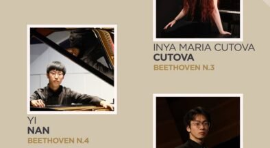 Poster announcing Finalists, Classic Section, featuring three pianist portraits: Inya Maria Cutova (Beethoven No. 3) at top right, Yi Nan (Beethoven No. 4) left, Junbo Wang (Beethoven No. 5) bottom right.