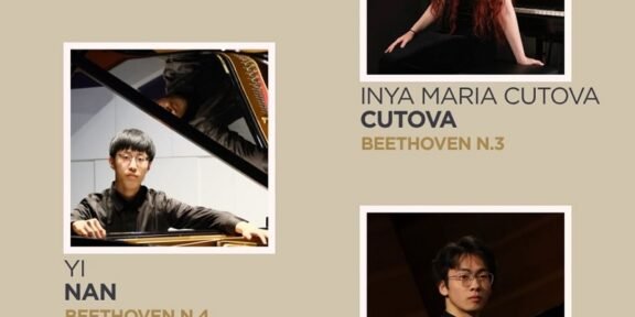 Poster announcing Finalists, Classic Section, featuring three pianist portraits: Inya Maria Cutova (Beethoven No. 3) at top right, Yi Nan (Beethoven No. 4) left, Junbo Wang (Beethoven No. 5) bottom right.