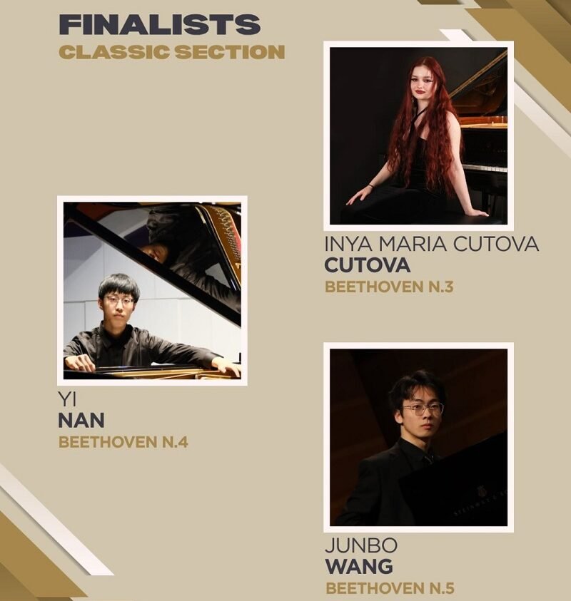 Poster announcing Finalists, Classic Section, featuring three pianist portraits: Inya Maria Cutova (Beethoven No. 3) at top right, Yi Nan (Beethoven No. 4) left, Junbo Wang (Beethoven No. 5) bottom right.