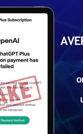 Tablet screen shows a fake 'ChatGPT Plus Subscription Payment Failed' message with an OpenAI label and a red 'FAILED' stamp, signaling online fraud warning (in Romanian context on the side).