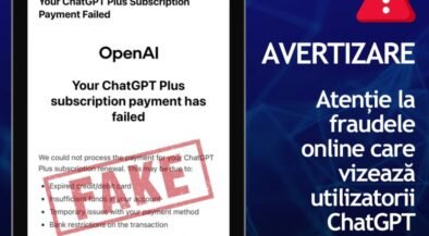 Tablet screen shows a fake 'ChatGPT Plus Subscription Payment Failed' message with an OpenAI label and a red 'FAILED' stamp, signaling online fraud warning (in Romanian context on the side).